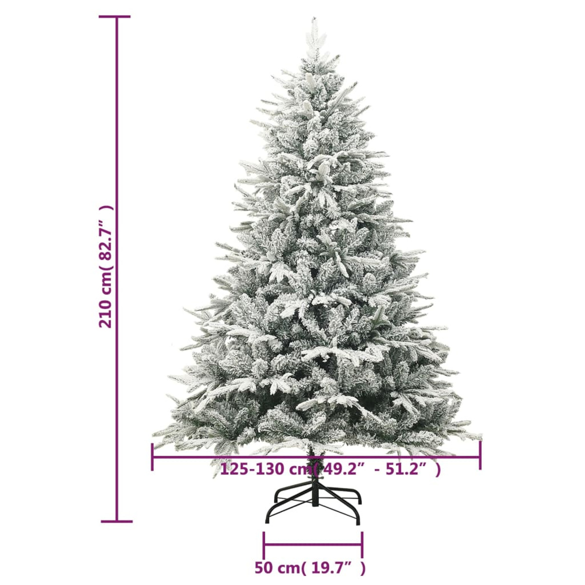Ein schneebedeckter Weihnachtsbaum auf weißem Hintergrund mit Maßen.