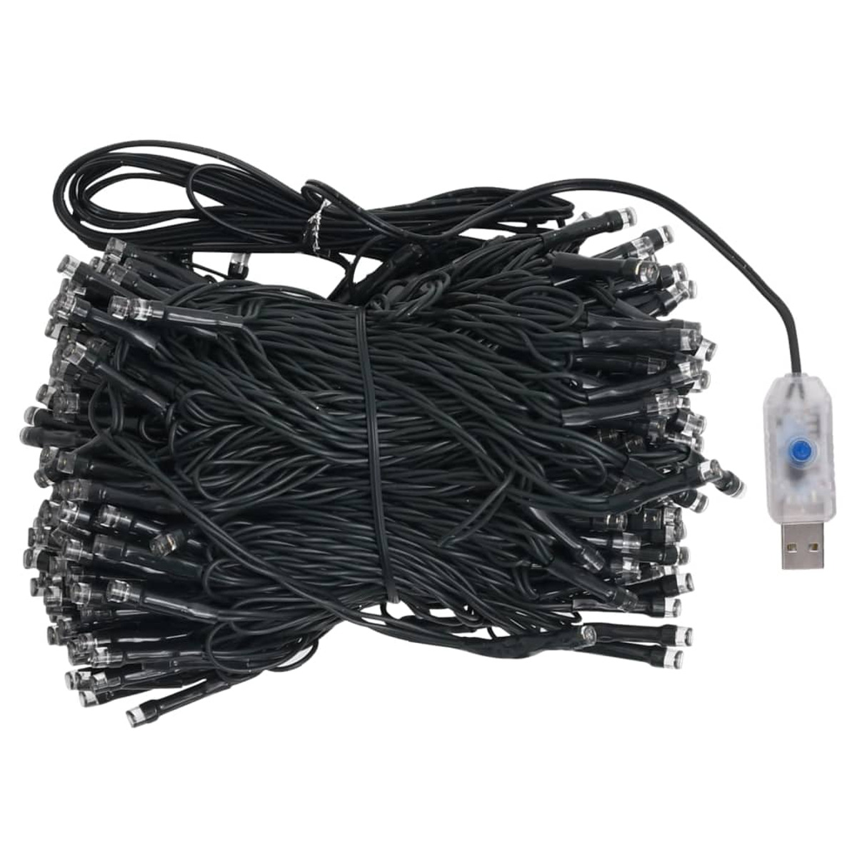 Ein Bündel schwarzer Lichterketten mit vielen kleinen Lichtern. USB-Anschluss ist angebracht.