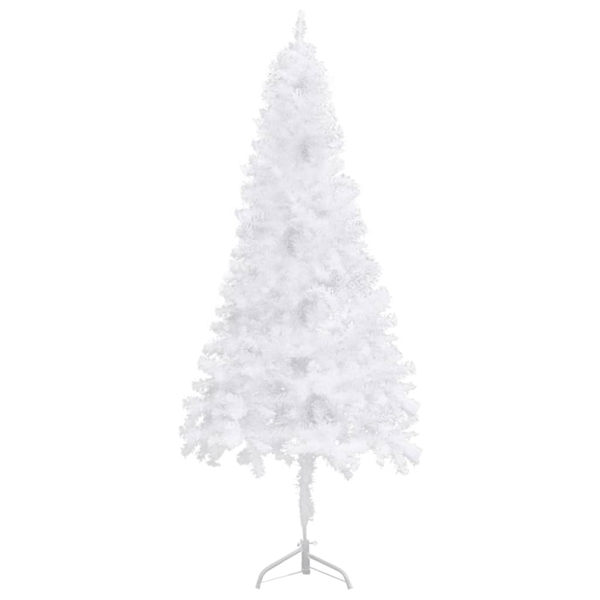 Weißer Weihnachtsbaum, voll und auf einem Metallständer stehend.