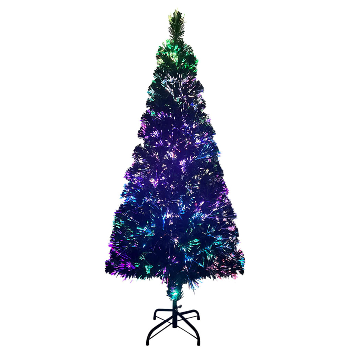 Ein Glasfaser-Weihnachtsbaum mit bunten Lichtern auf einem schwarzen Ständer.