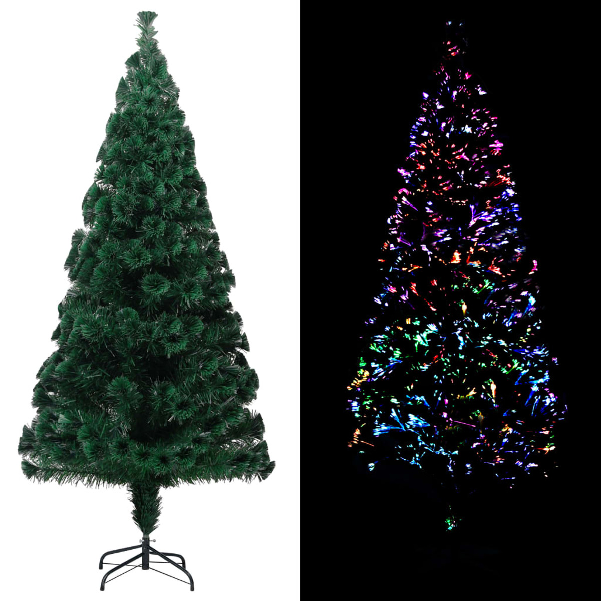 Zwei künstliche Weihnachtsbäume, einer mit bunten Lichtern, der andere grün.