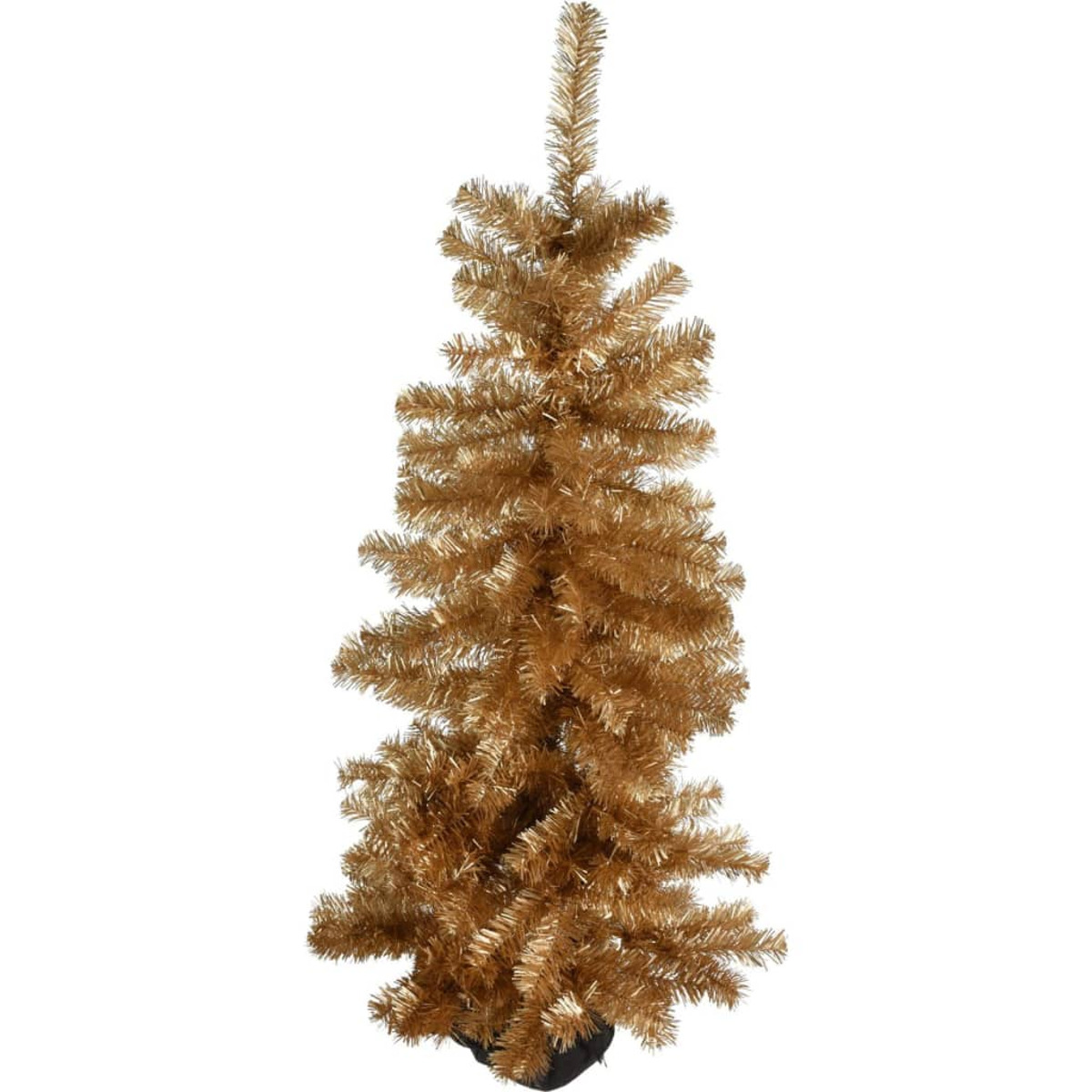 Ein goldener Weihnachtsbaum. Er ist schmal und steht auf einem schwarzen Sockel.
