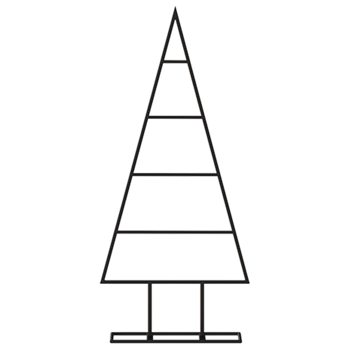Eine schwarze, geometrische Umrisslinie eines Weihnachtsbaums. Er hat eine dreieckige Form mit horizontalen Linien, die die Äste darstellen.
