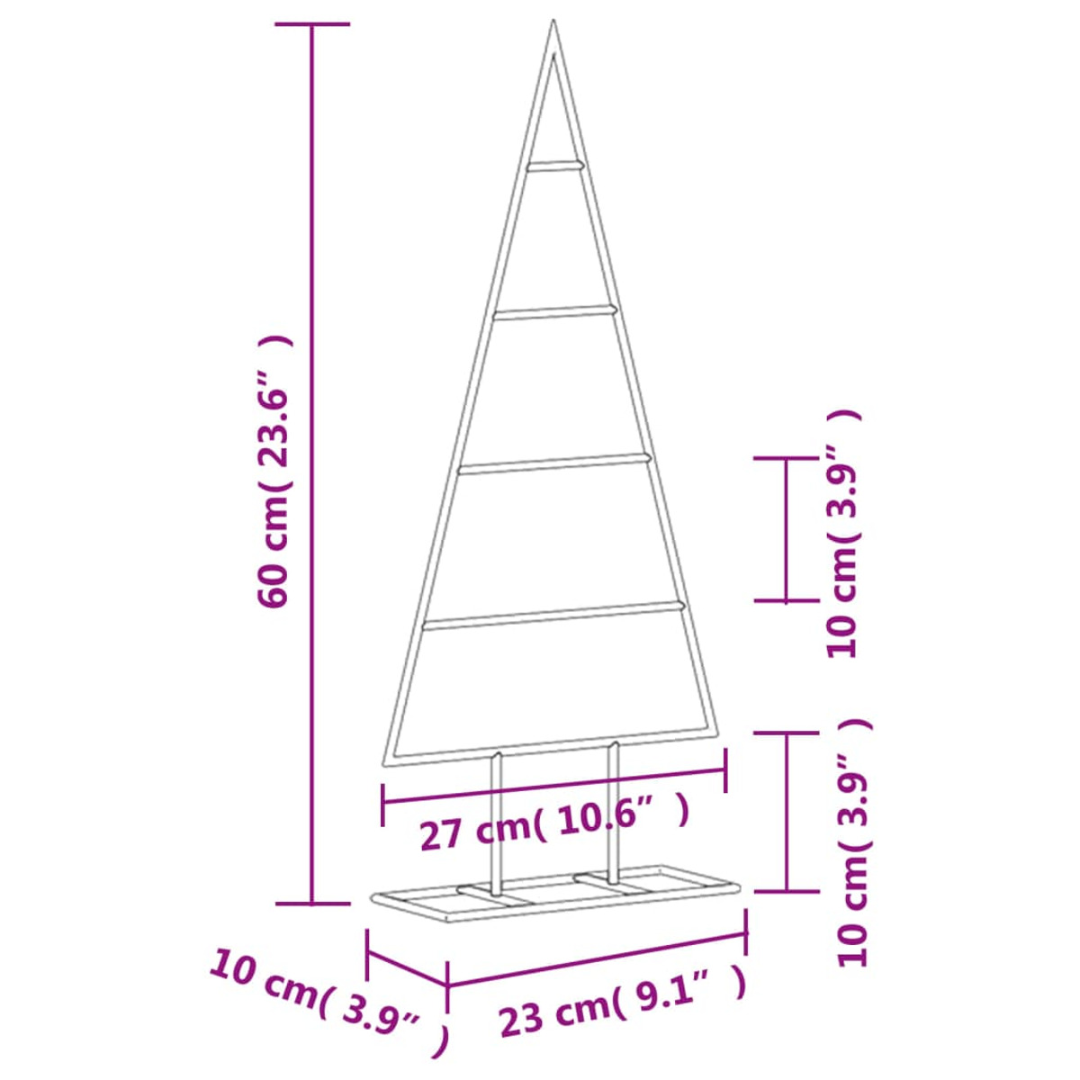 Ein metallener Weihnachtsbaumrahmen mit Maßangaben. Der Baum ist 60 cm hoch und 27 cm breit an der Basis.
