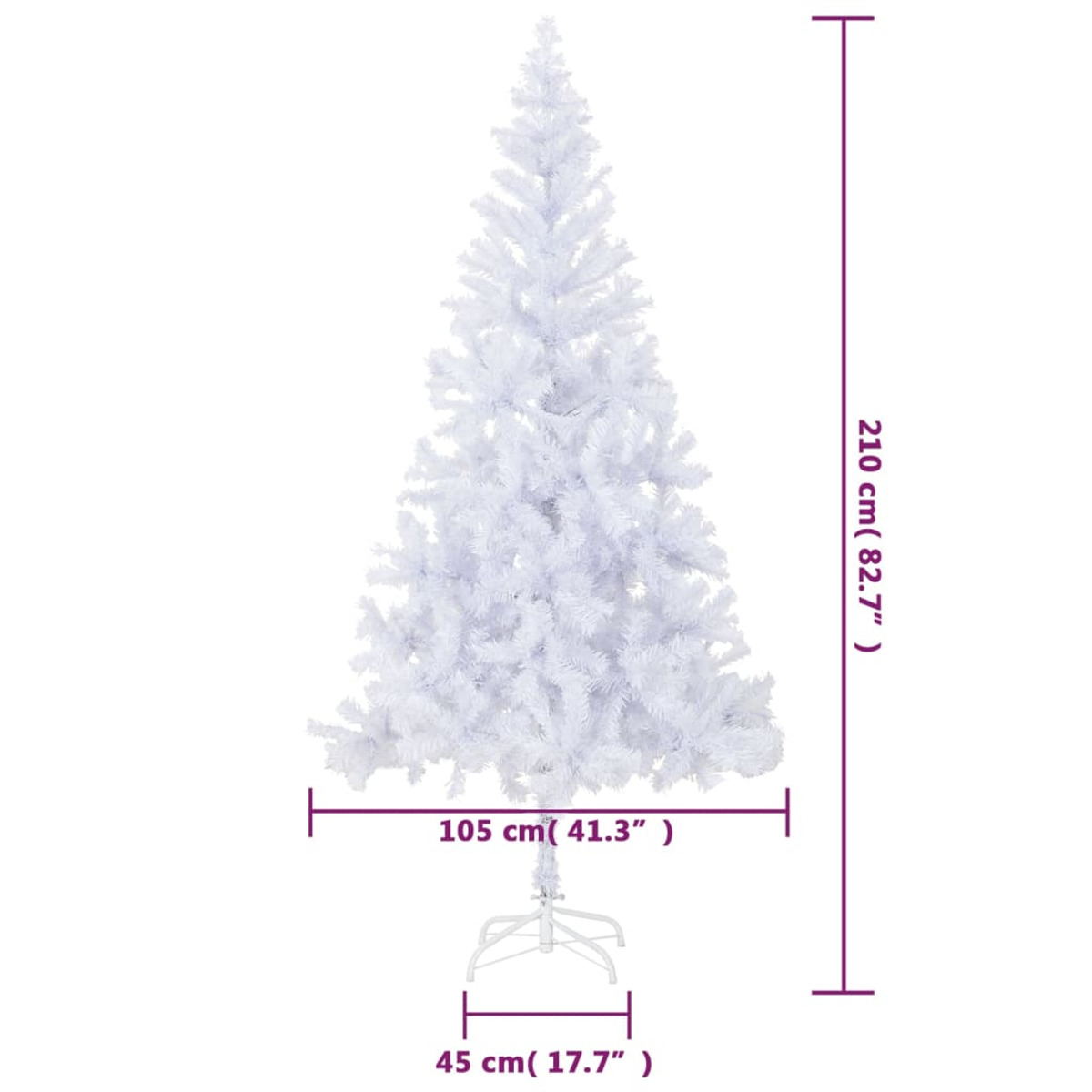 Ein hoher, weißer Weihnachtsbaum mit Maßen. Er hat einen weißen Sockel.