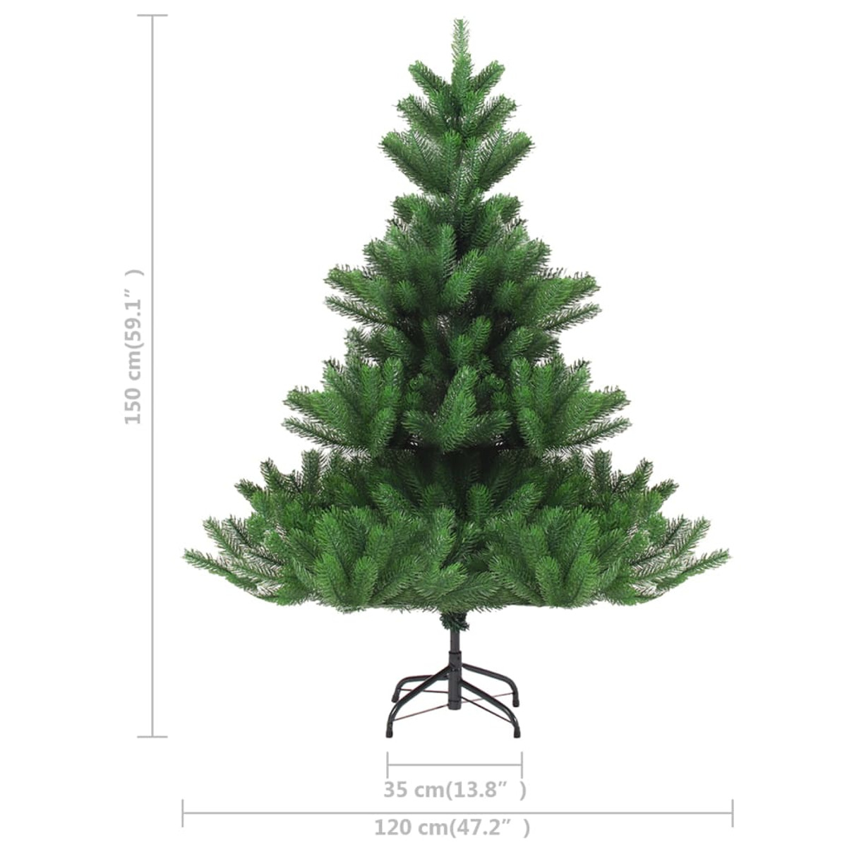 Ein grüner Weihnachtsbaum mit Abmessungen in cm und Zoll, vor weißem Hintergrund.