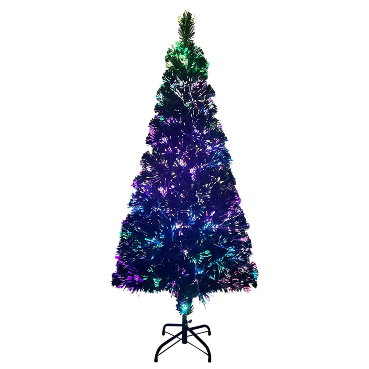 Ein bunter künstlicher Weihnachtsbaum. Der Baum steht auf einem schwarzen Ständer. Der Baum ist mit grünen, blauen und lila Lichtern beleuchtet.