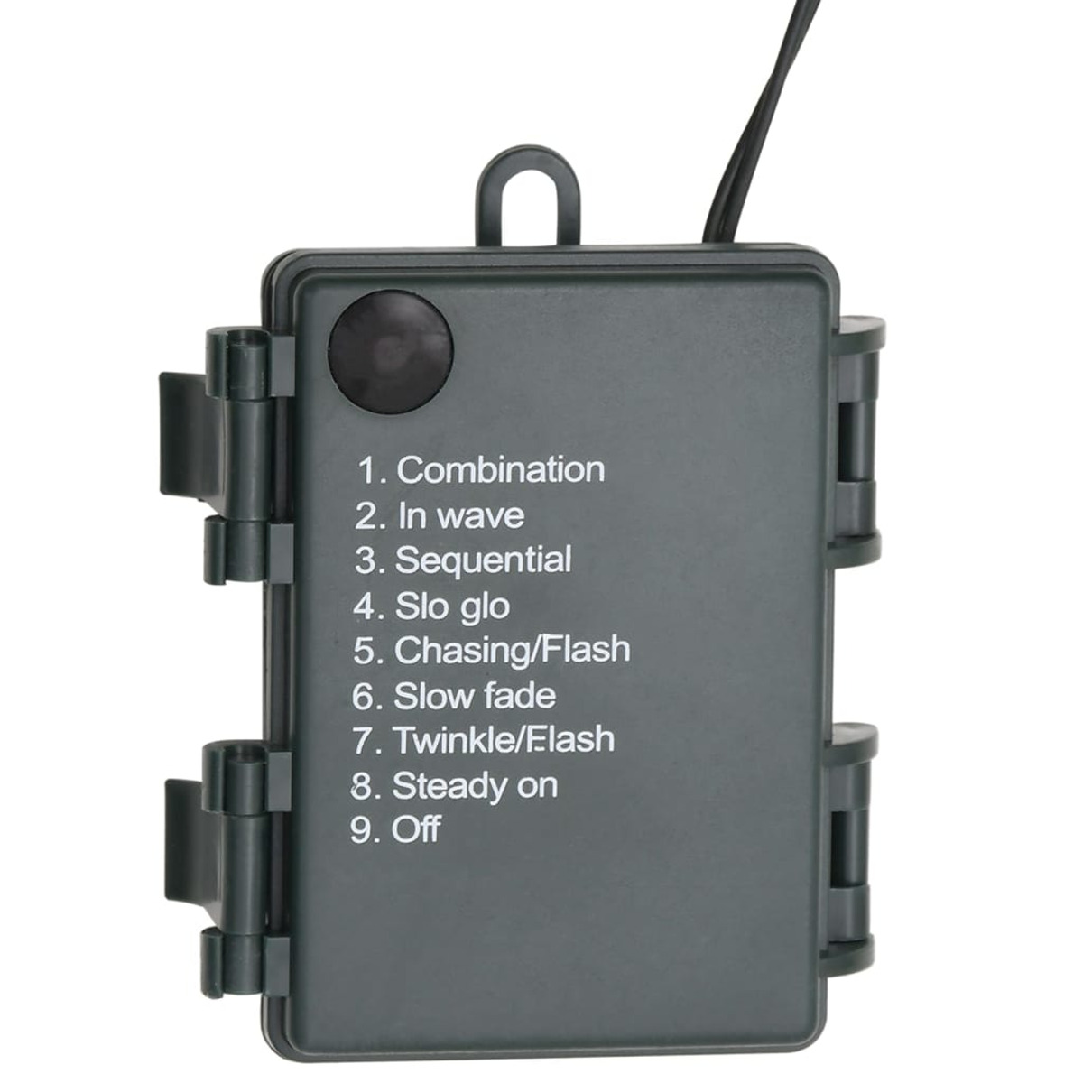 Eine schwarze Steuerbox mit einer Liste von Lichtmodi: Kombination, Welle, sequentiell, Slo Glo usw.