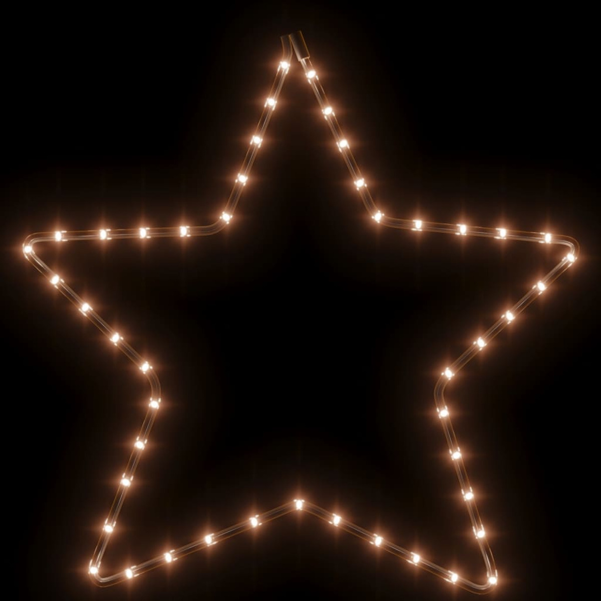 Ein sternförmiges Weihnachtslicht auf schwarzem Hintergrund. Es besteht aus vielen kleinen, warmweißen Lichtern.