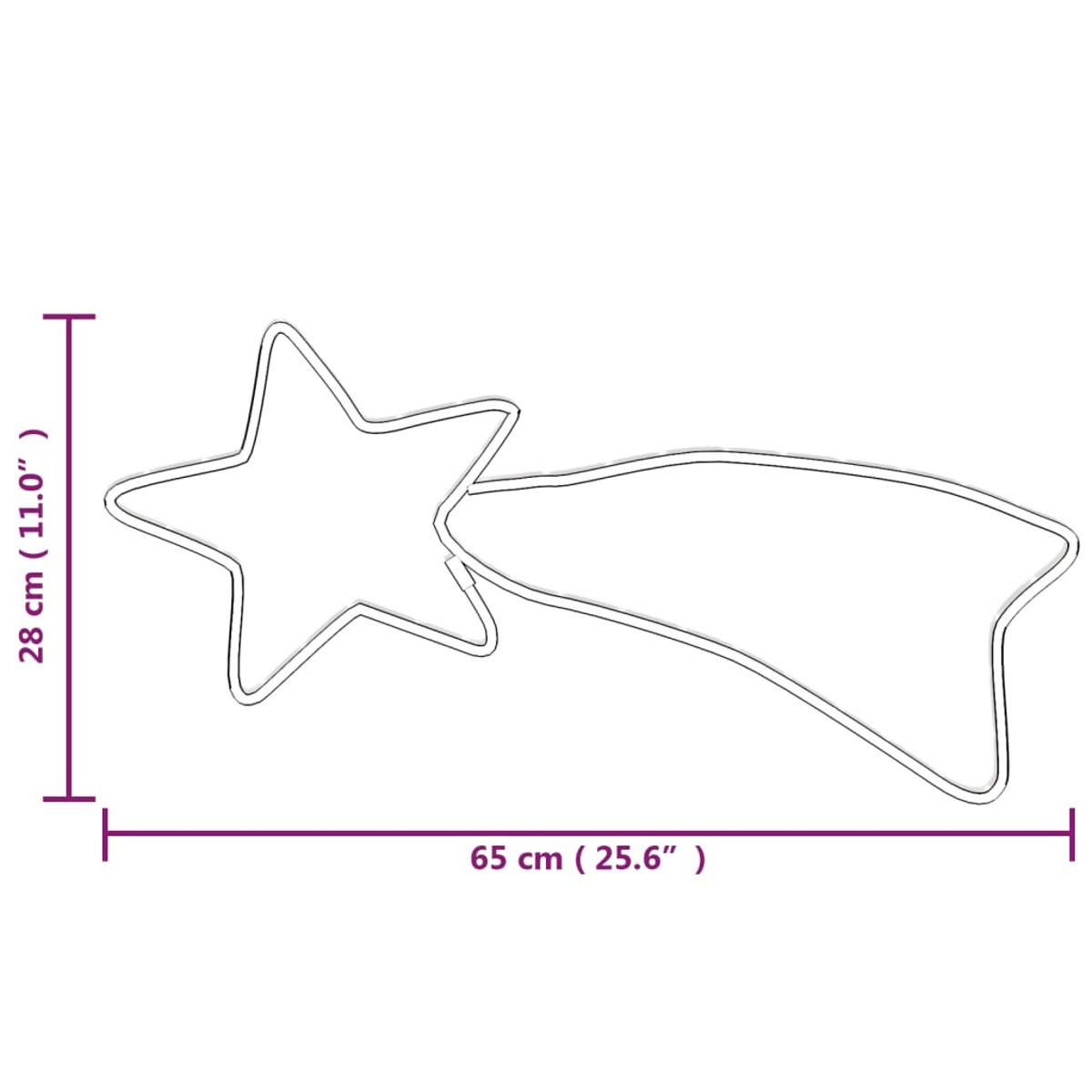 Weiß umrissener Stern mit Kometenschweif. Maße sind in Zentimetern und Zoll angegeben.