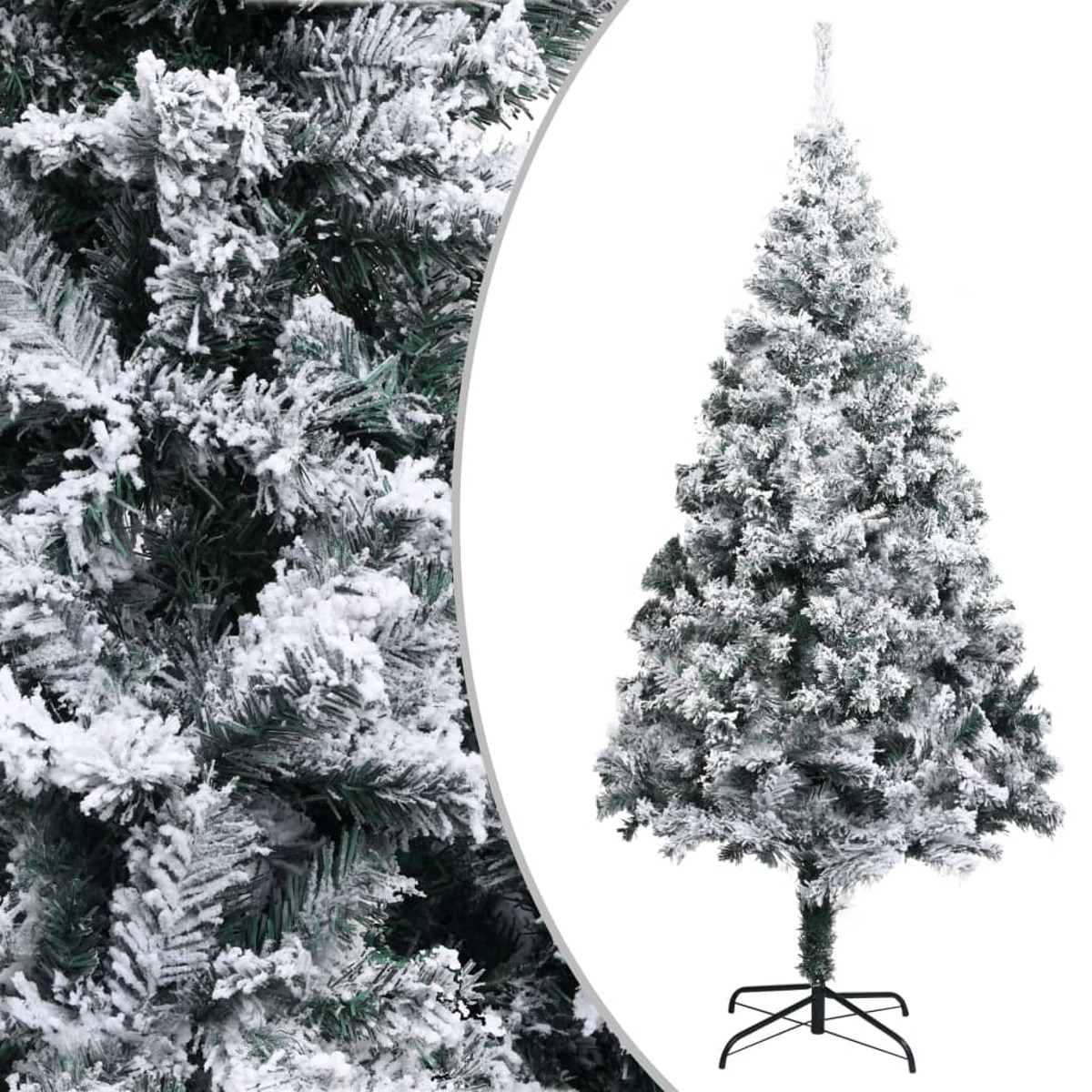 Schneebedeckter Weihnachtsbaum auf einem Metallständer. Weißer Hintergrund, Teilansicht.