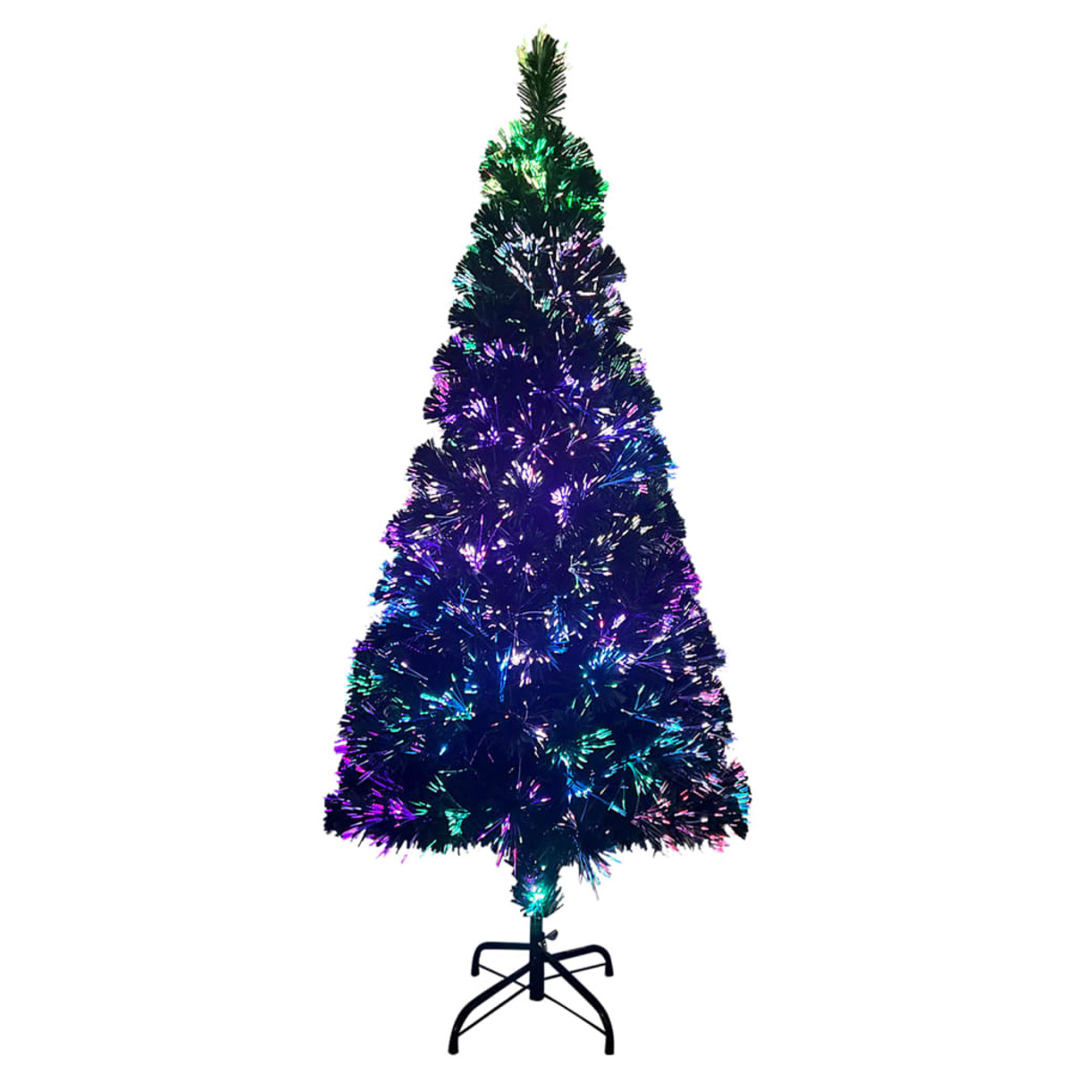 Ein bunter Weihnachtsbaum auf einem Ständer. Er hat grüne, blaue, lila und weiße Fasern. Er steht vor einem weißen Hintergrund.