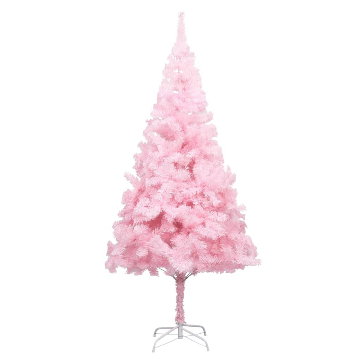 Rosa Weihnachtsbaum auf einem Ständer. Der Baum ist symmetrisch und hat eine Spitze.