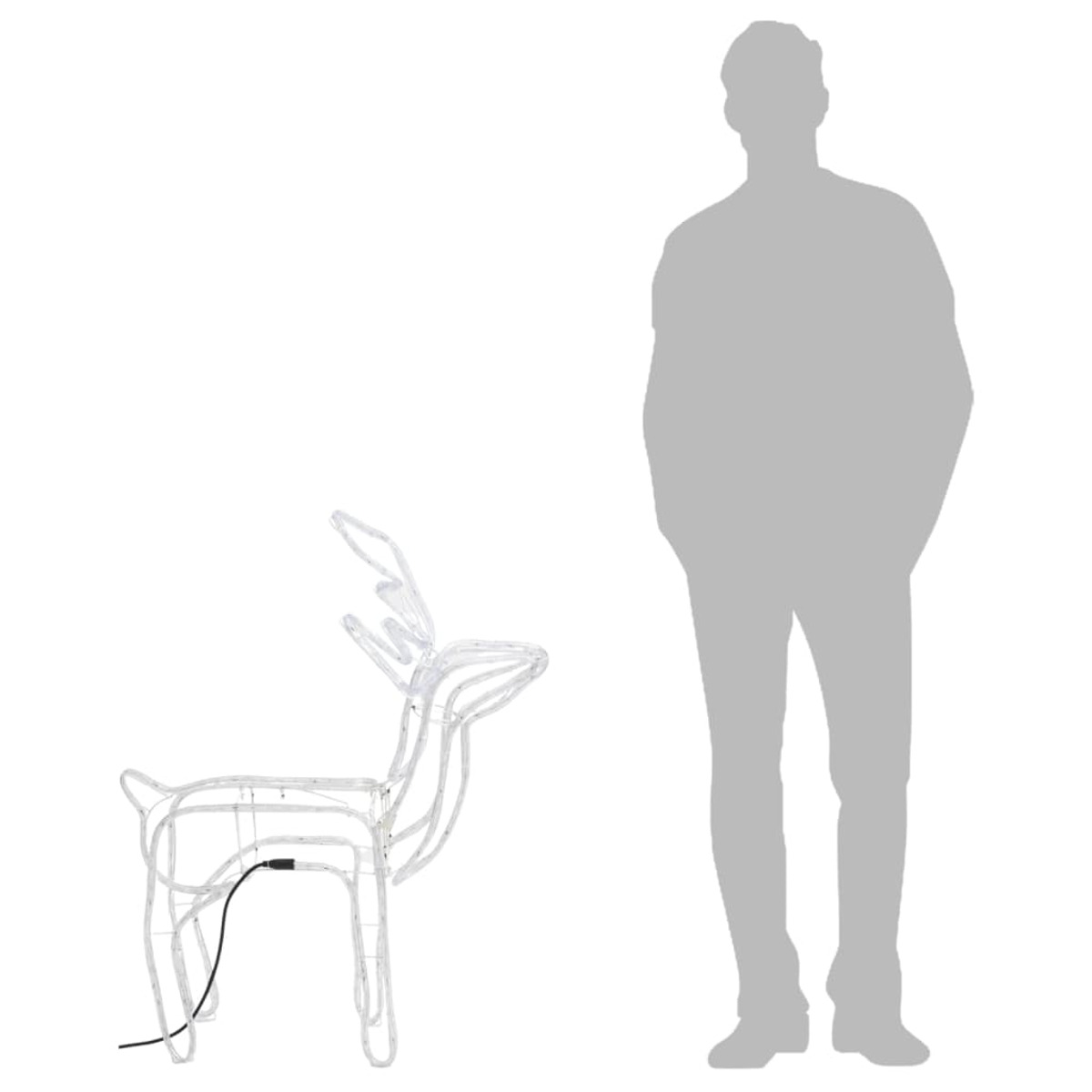 Weißes Drahtrentier mit menschlicher Silhouette zum Größenvergleich. Weißer Hintergrund.