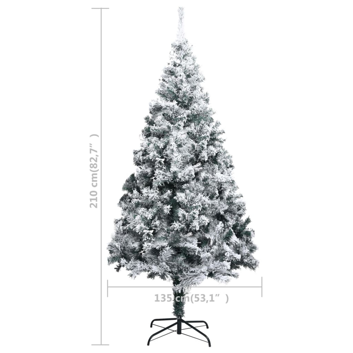 Schneebedeckter grüner Weihnachtsbaum auf einem Ständer. Weißer Hintergrund. Maße werden angezeigt.