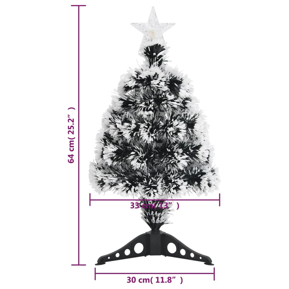 Ein kleiner schwarz-weißer Weihnachtsbaum mit Stern. Er ist 64 cm hoch und 33 cm breit.