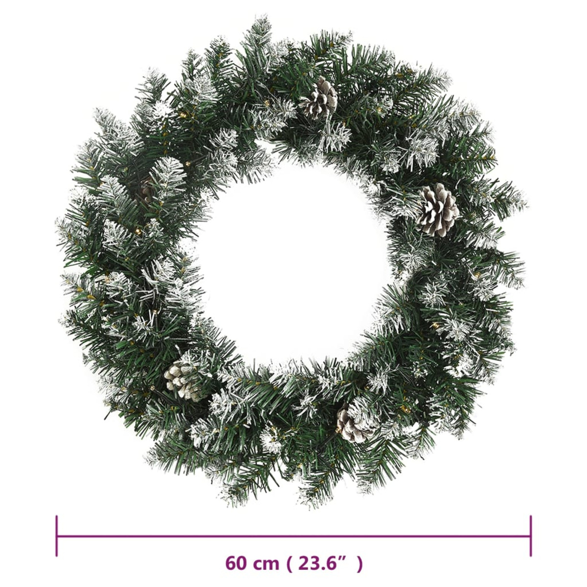 Weihnachtskranz mit grünen Nadeln, weißen Spitzen und Tannenzapfen.