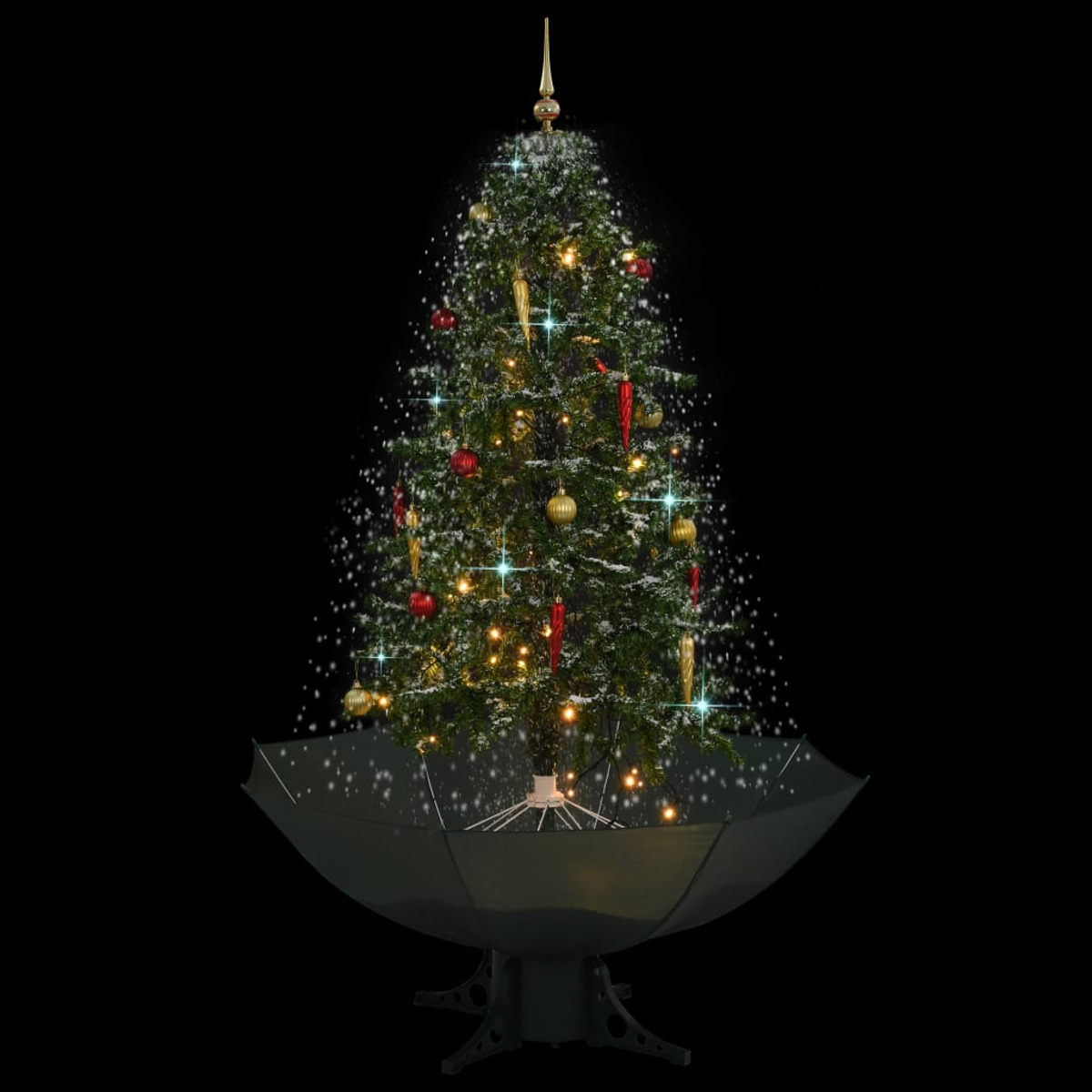 Weihnachtsbaum in einem Regenschirm mit Lichtern und Ornamenten. Schnee fällt, schwarzer Hintergrund.