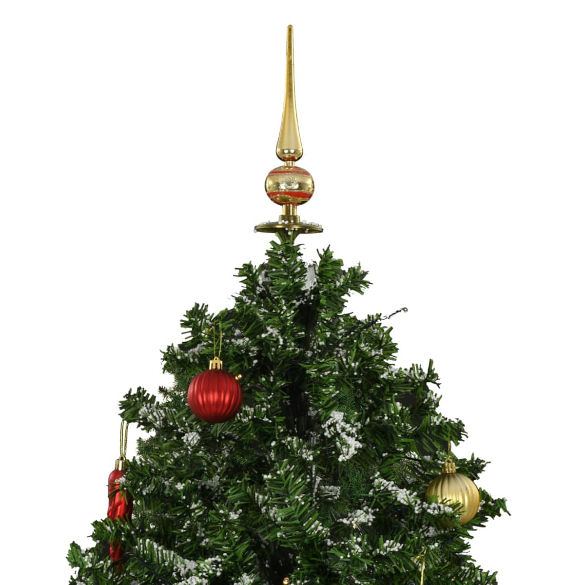 Weihnachtsbaumspitze mit goldenen und roten Ornamenten, vor weißem Hintergrund.