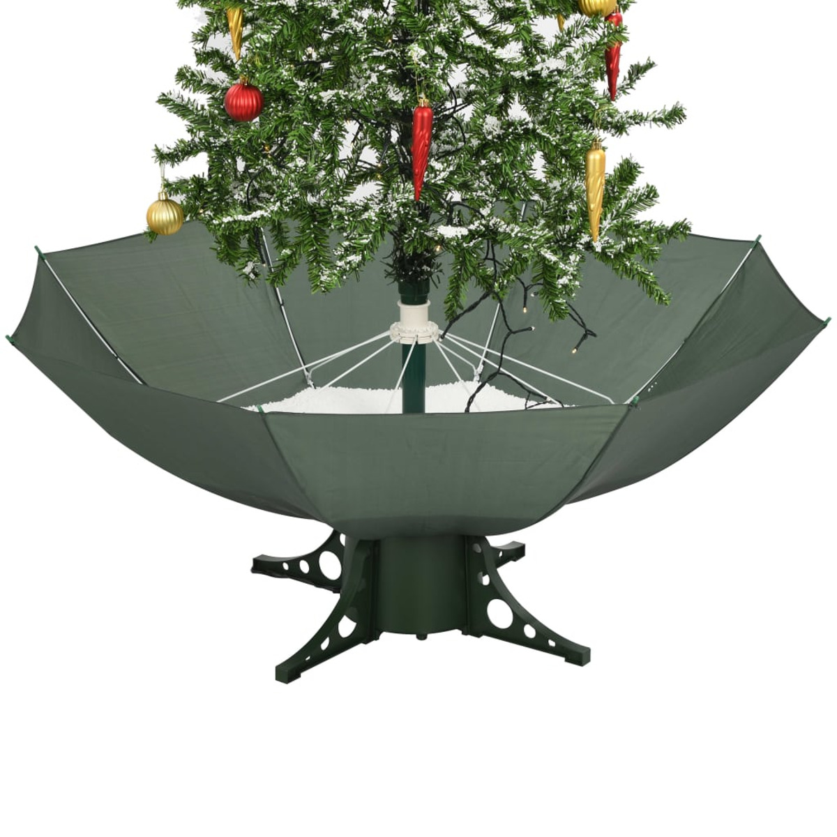 Weihnachtsbaum mit Schmuck und Schnee in einer grünen schirmartigen Basis, auf Weiß.