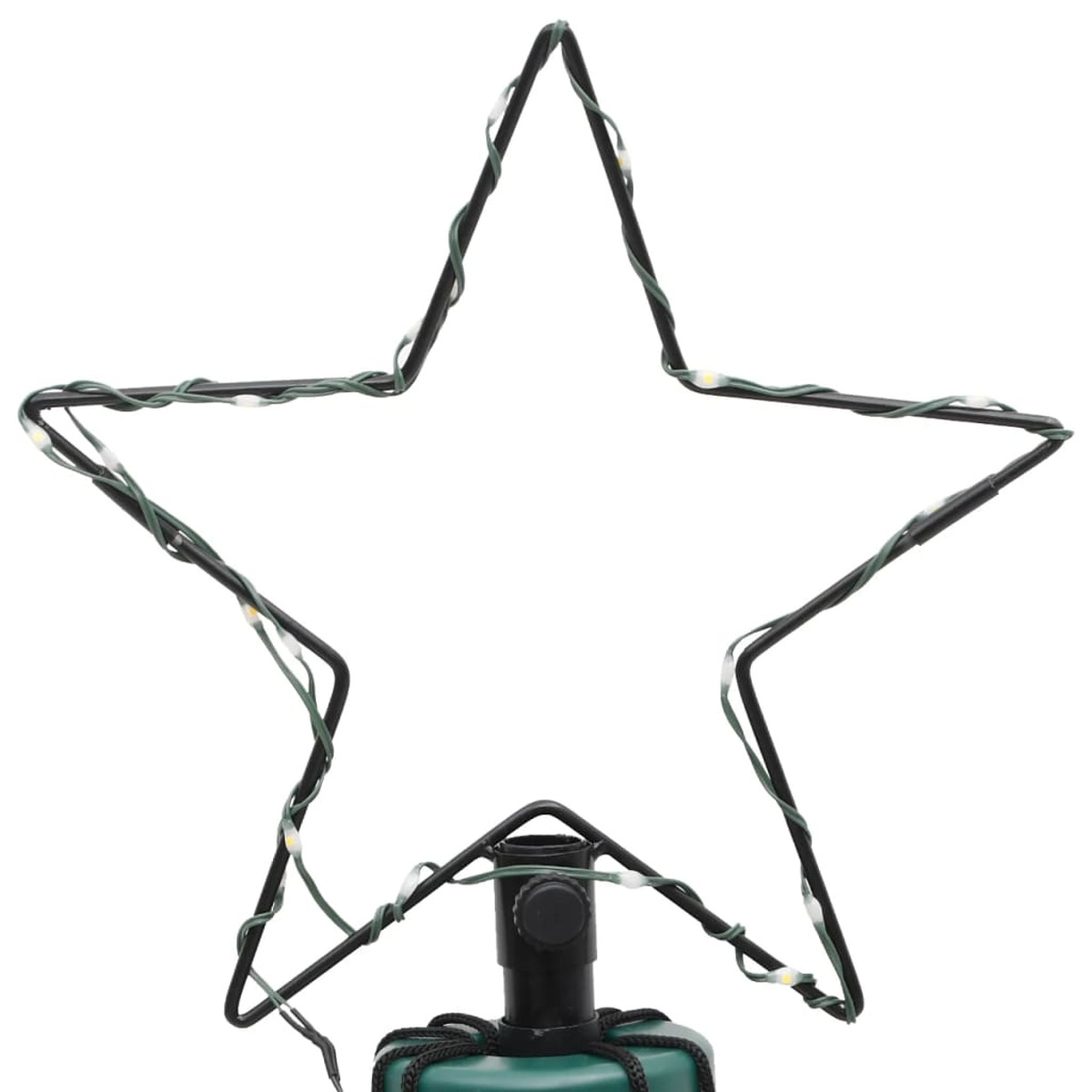Eine schwarze sternförmige Weihnachtsbaumspitze mit Lichtern und einem grünen Sockel.