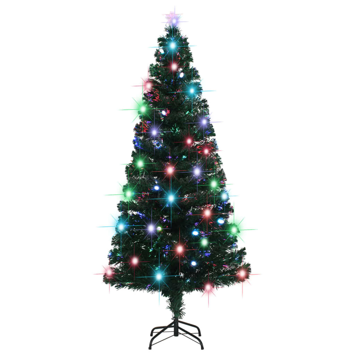 Ein grüner Weihnachtsbaum mit bunten Lichtern, isoliert auf weißem Hintergrund.