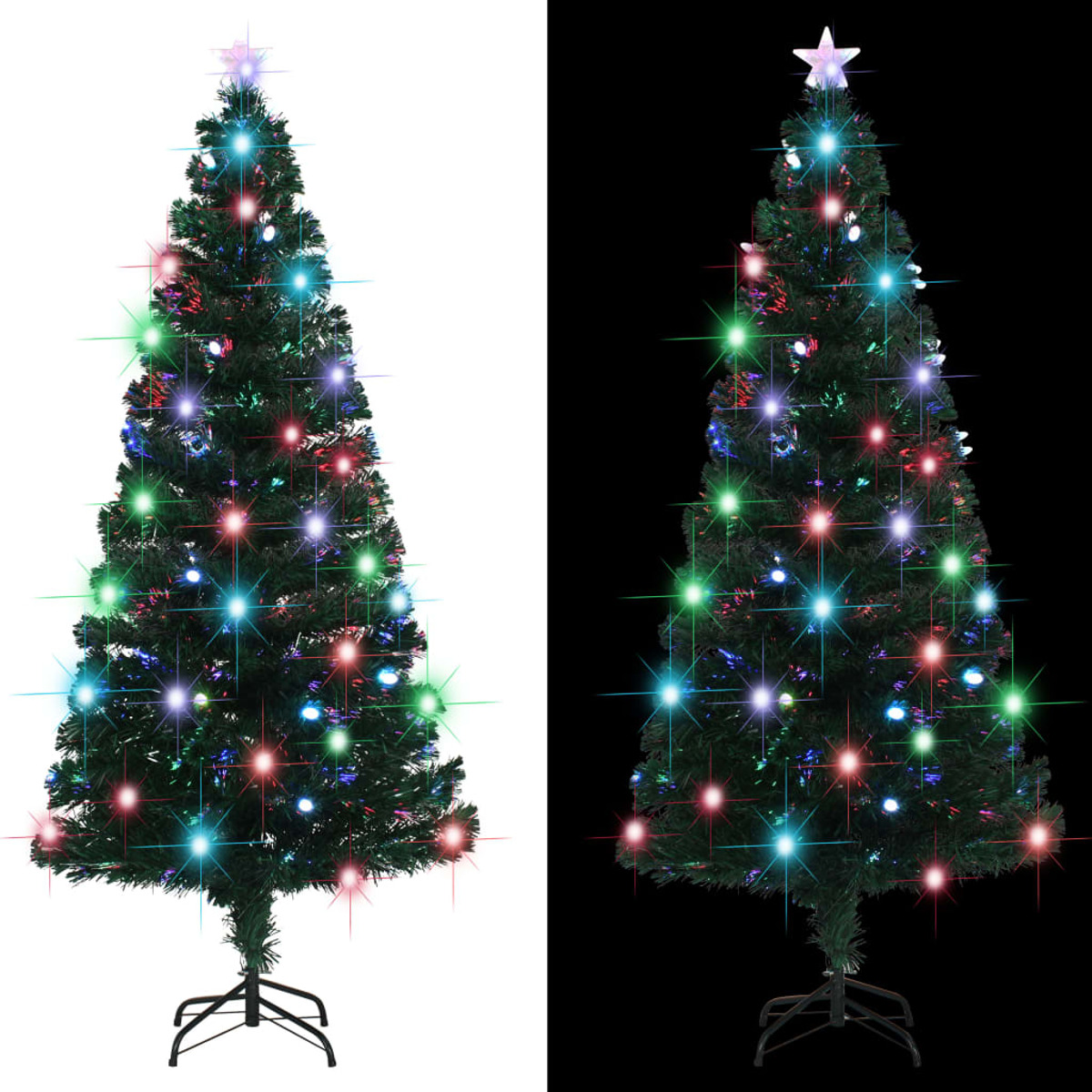 Zwei Bilder eines Weihnachtsbaums mit Lichtern: eines auf weißem, das andere auf schwarzem Grund.