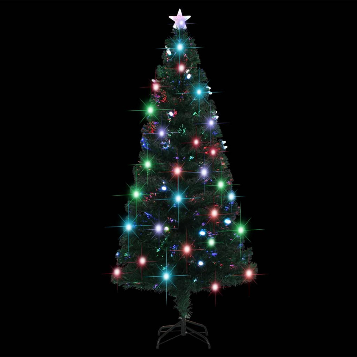 Beleuchteter Weihnachtsbaum mit bunten Lichtern und Stern auf schwarzem Hintergrund.