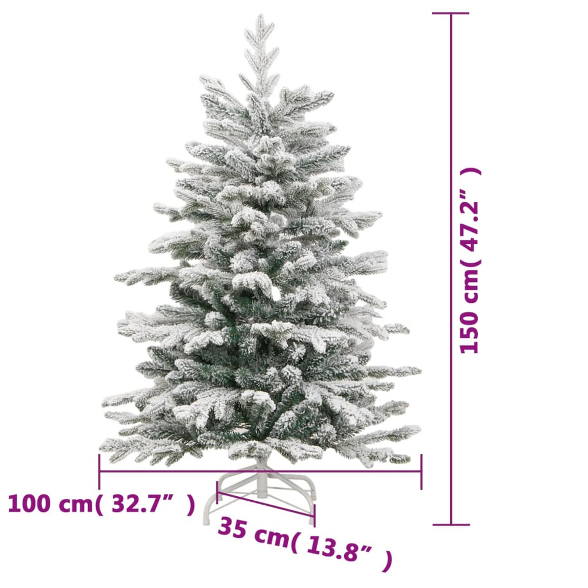 Ein verschneiter Weihnachtsbaum auf weißem Grund. Abmessungen sind angegeben. Der Baum hat einen Metallständer.