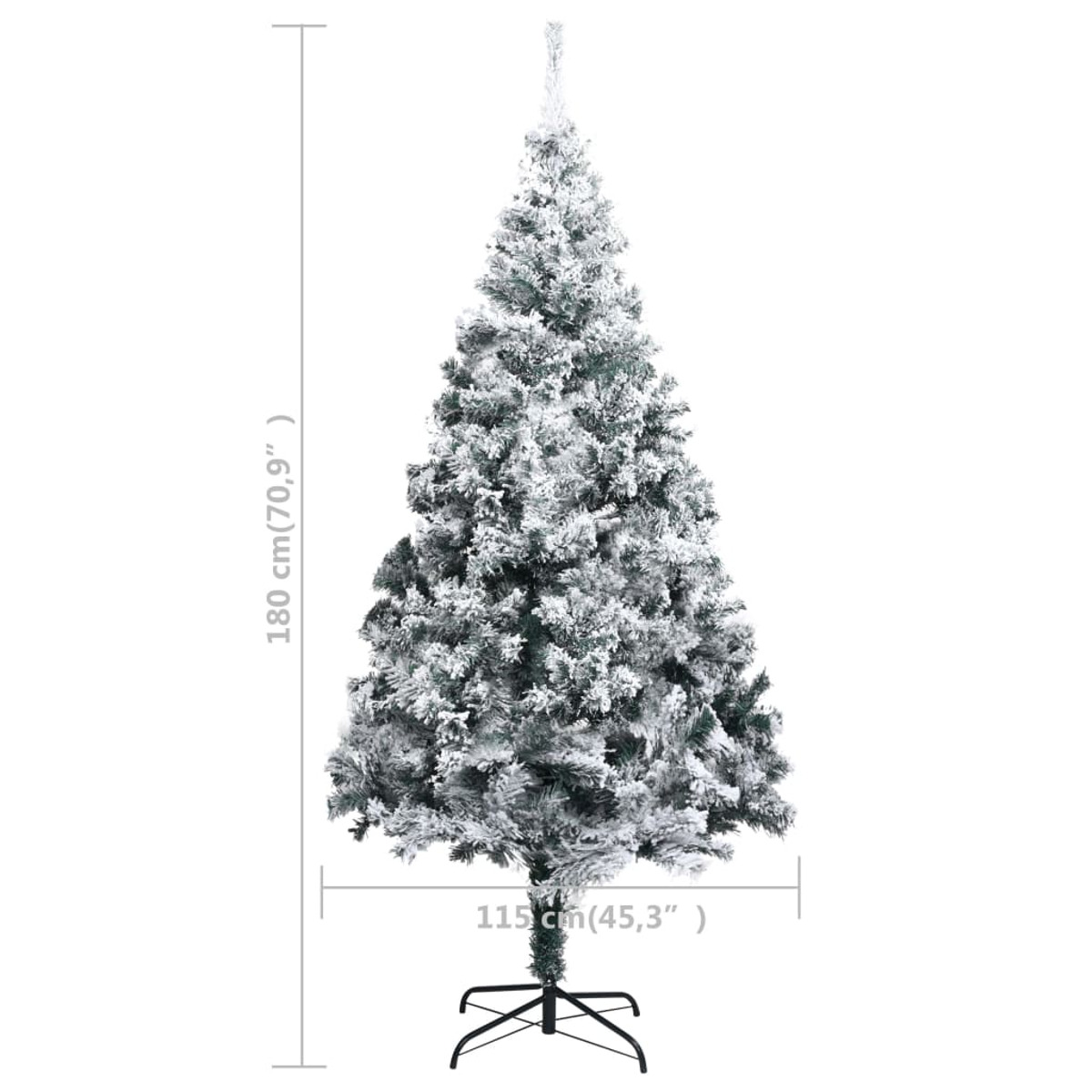 Verschneiter Weihnachtsbaum mit Maßen vor weißem Hintergrund.