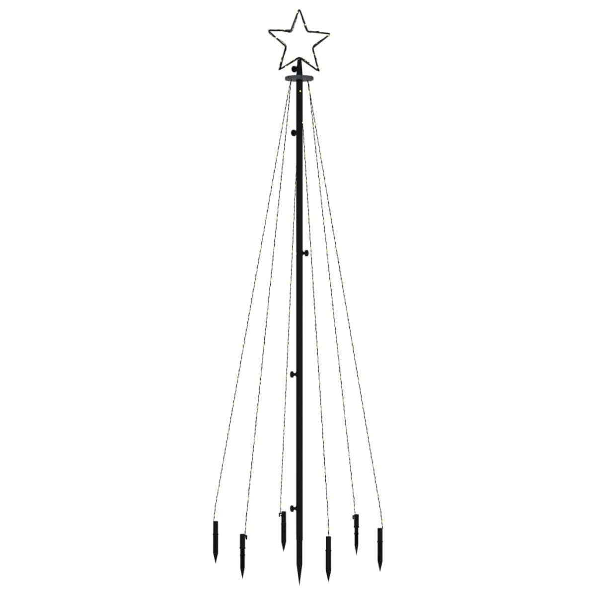 Ein Draht-Weihnachtsbaum mit Stern oben, mit Pfählen am Fuß. Schwarze Farbe.