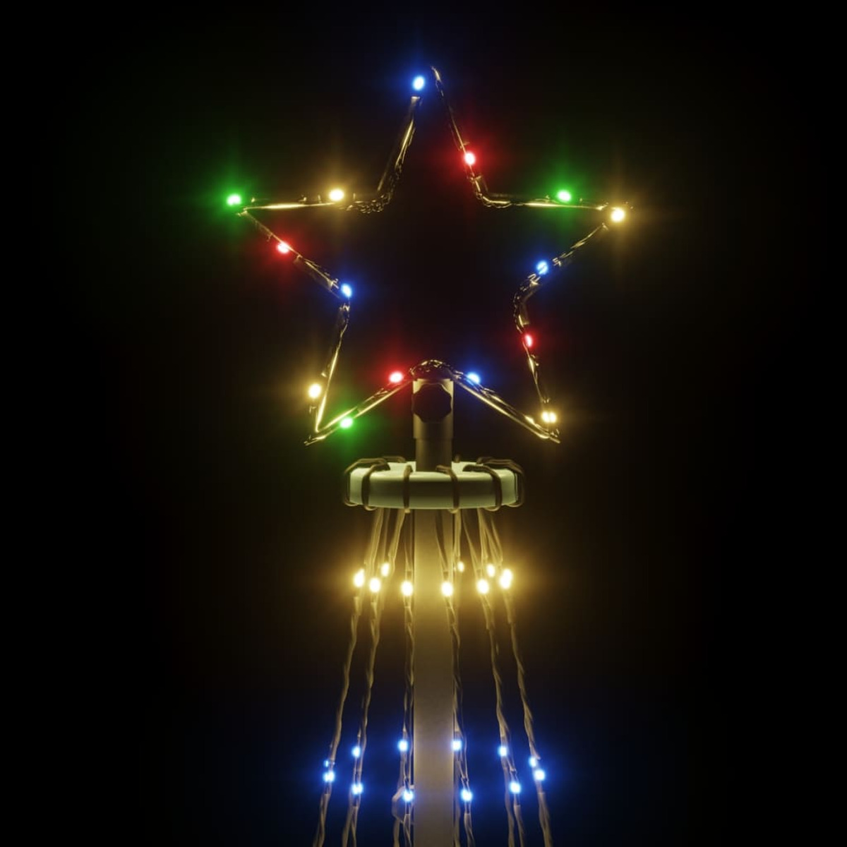 Ein sternförmiges Lichtdisplay mit mehreren farbigen Lichtern. Das Display befindet sich vor schwarzem Hintergrund.