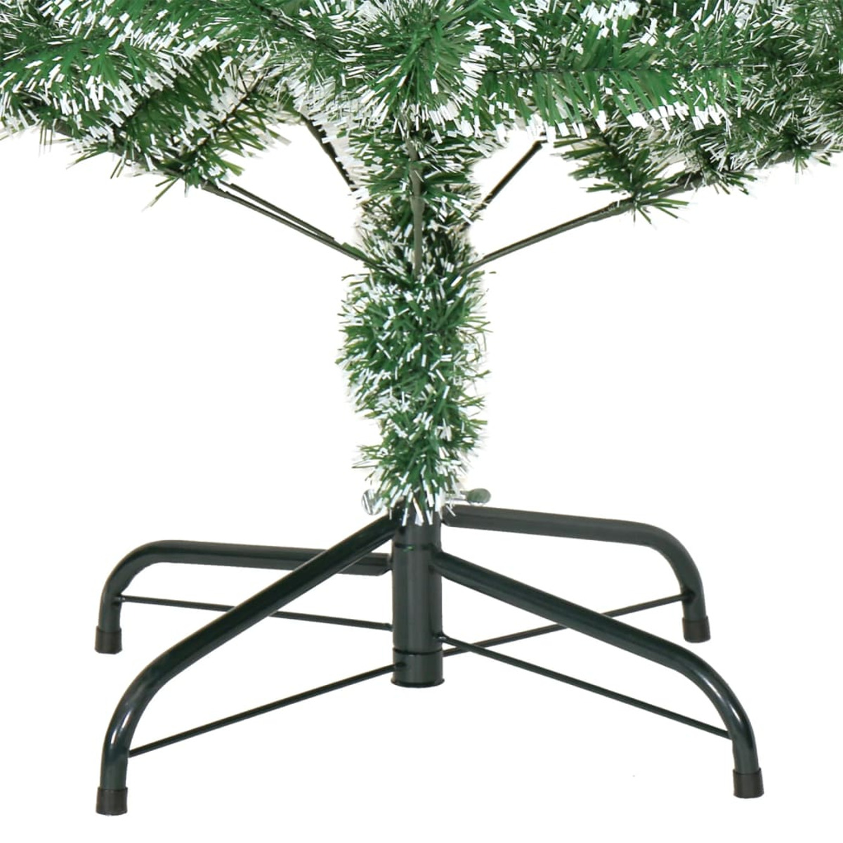 Nahaufnahme eines Weihnachtsbaumständers. Der Ständer besteht aus Metall und ist grün.