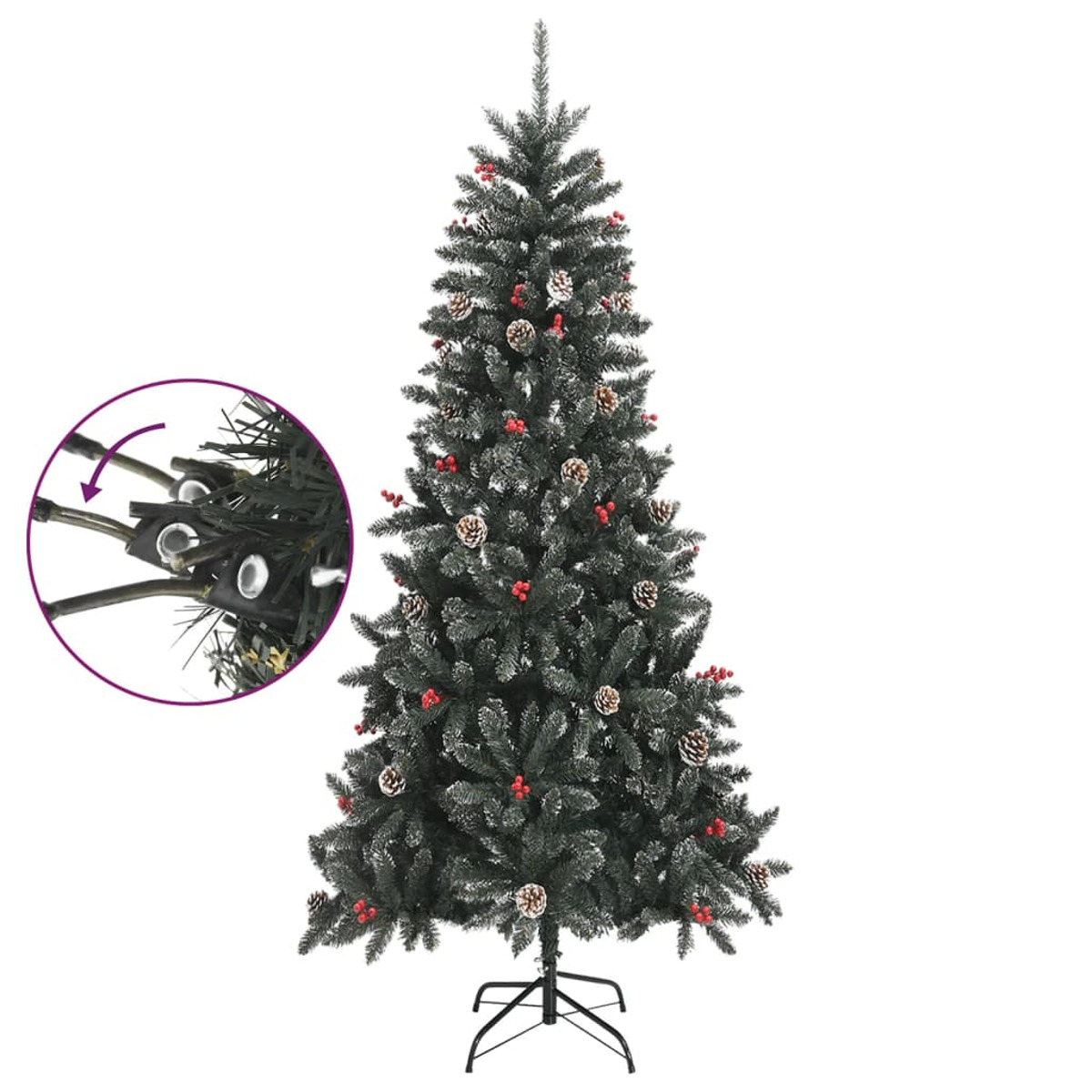 Weihnachtsbaum mit Schnee, Tannenzapfen und roten Beeren auf weißem Hintergrund.