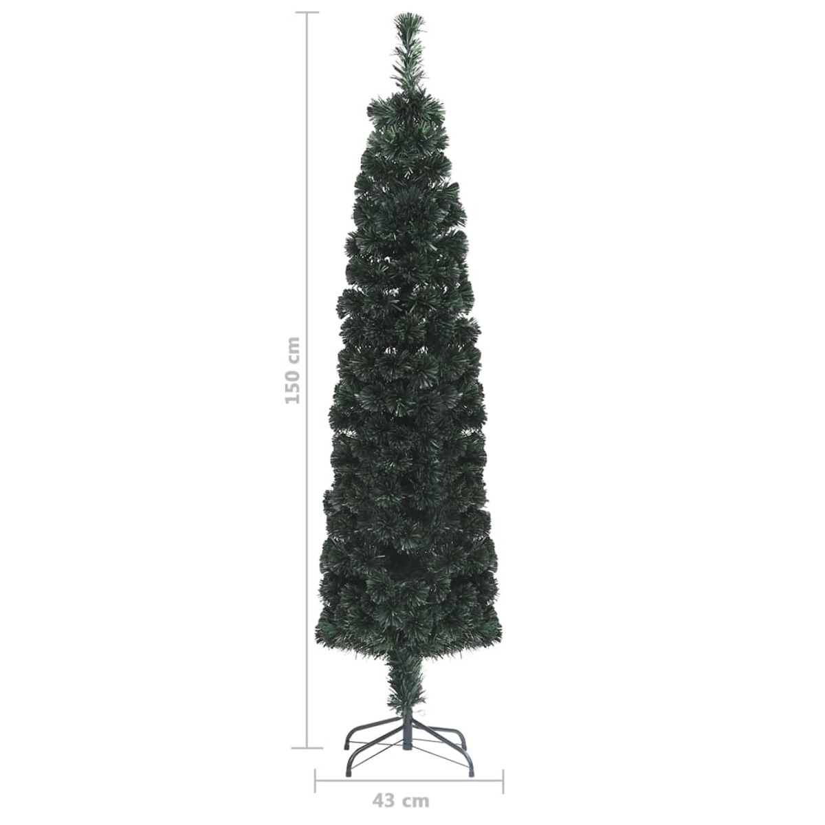 Ein hoher, schlanker grüner Weihnachtsbaum steht auf schwarzem Metallsockel. Maße notiert. Weißer Hintergrund.