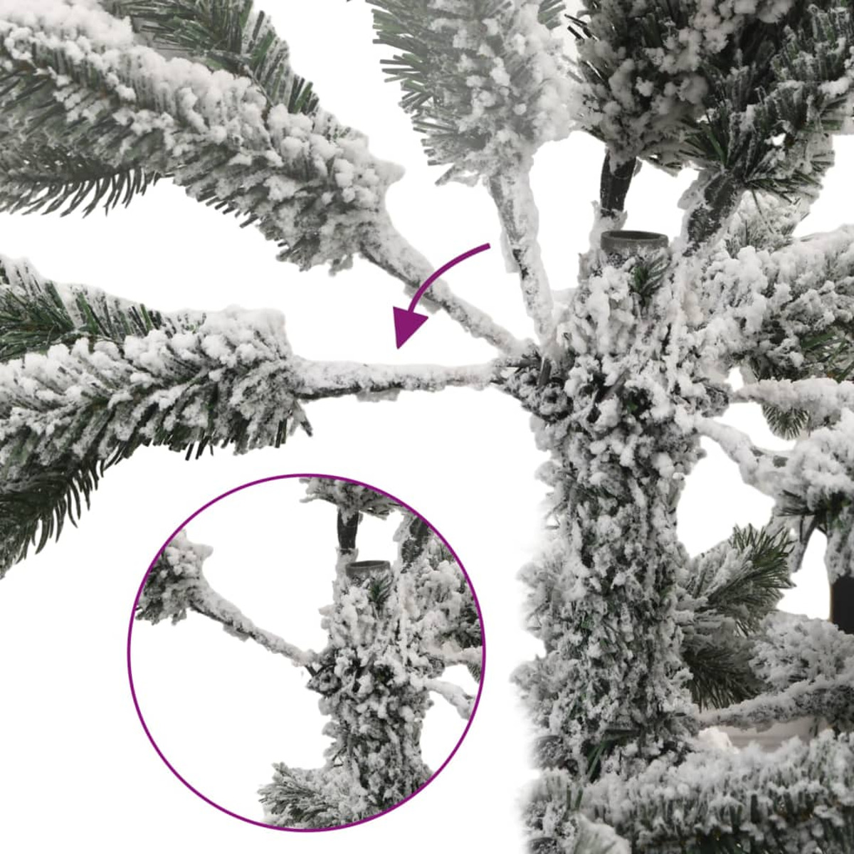 Nahaufnahme eines schneebedeckten künstlichen Astes. Zeigt kleine Details des Baumes.