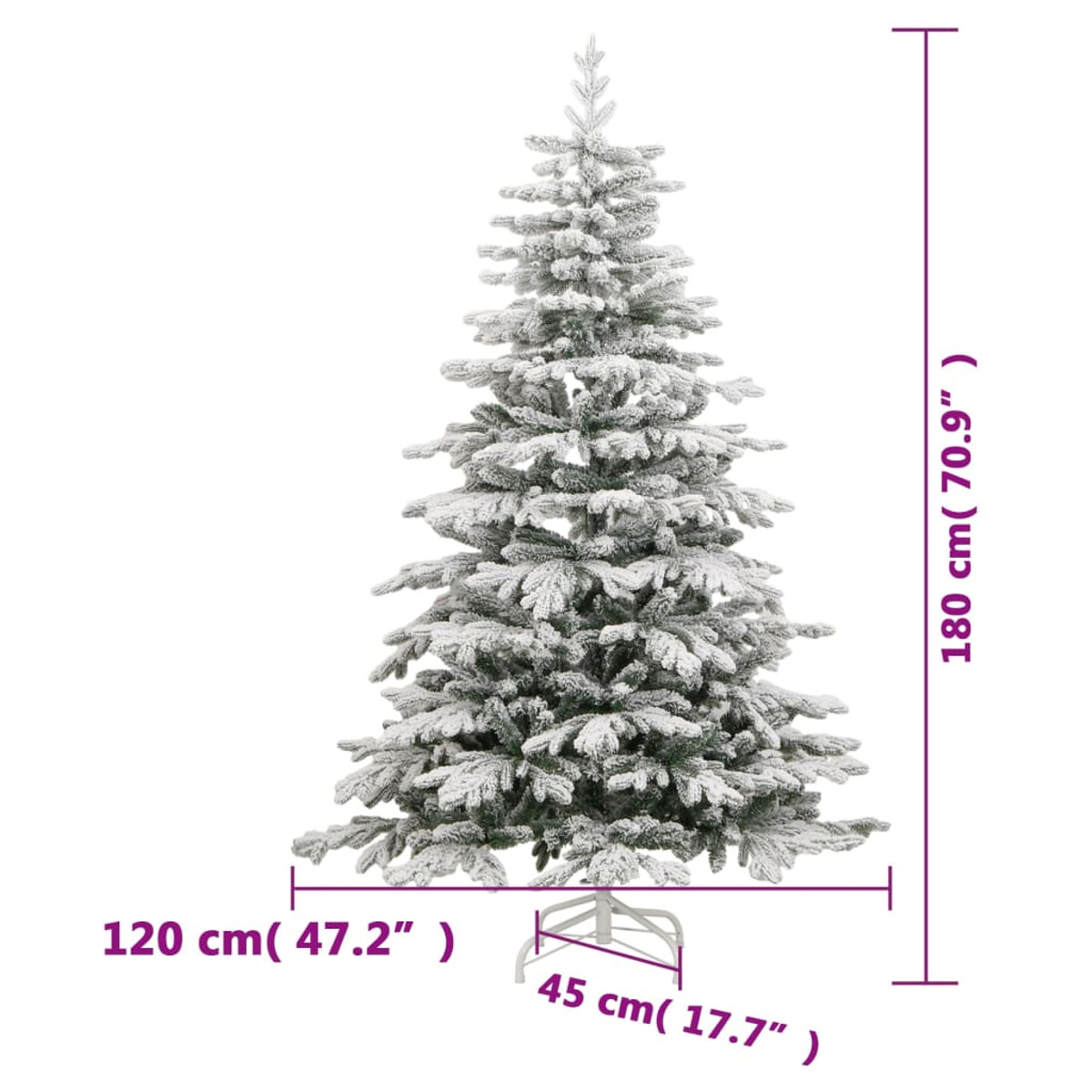 Schneebedeckter Weihnachtsbaum mit markierten Abmessungen. Er steht auf einem Metallständer.