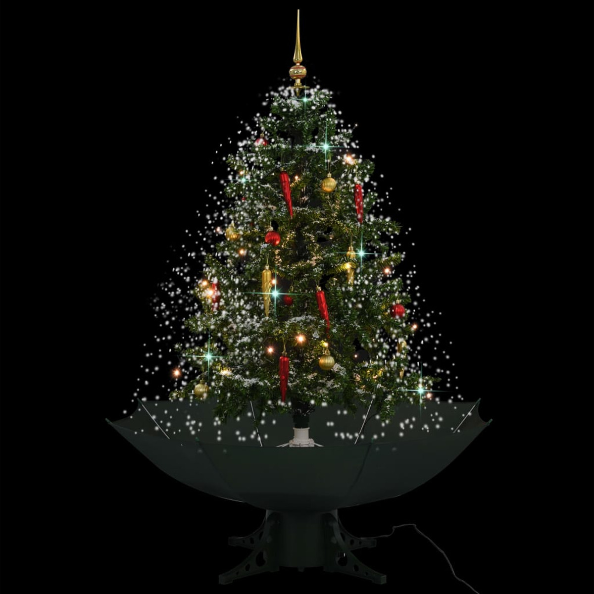Beleuchteter Weihnachtsbaum mit Schnee auf schwarzem Hintergrund.