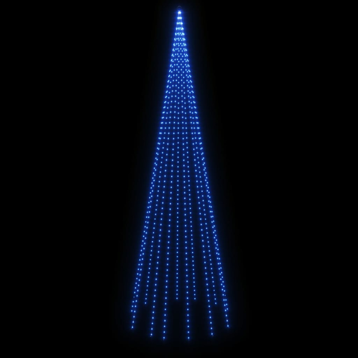 Ein hoher Weihnachtsbaum aus blauen Lichtern vor schwarzem Hintergrund, der eine Kegelform bildet.