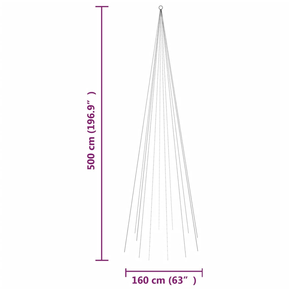 Diagramm, das einen silbernen Weihnachtsbaum mit Maßen in cm und Zoll zeigt.