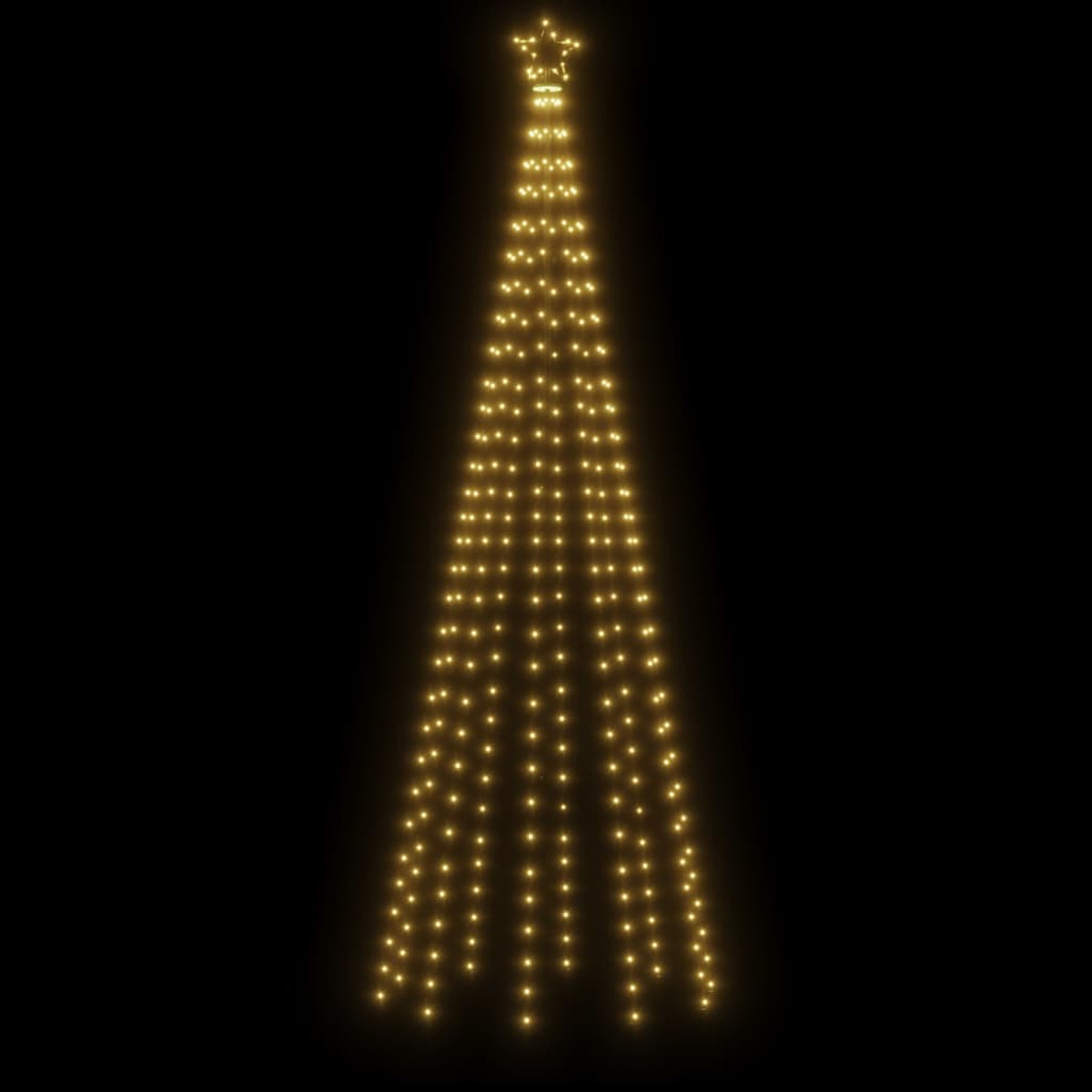 Ein Weihnachtsbaum aus Lichtern auf schwarzem Hintergrund. Oben ist ein goldener Stern. Die Baumform besteht aus gelben Lichtern.