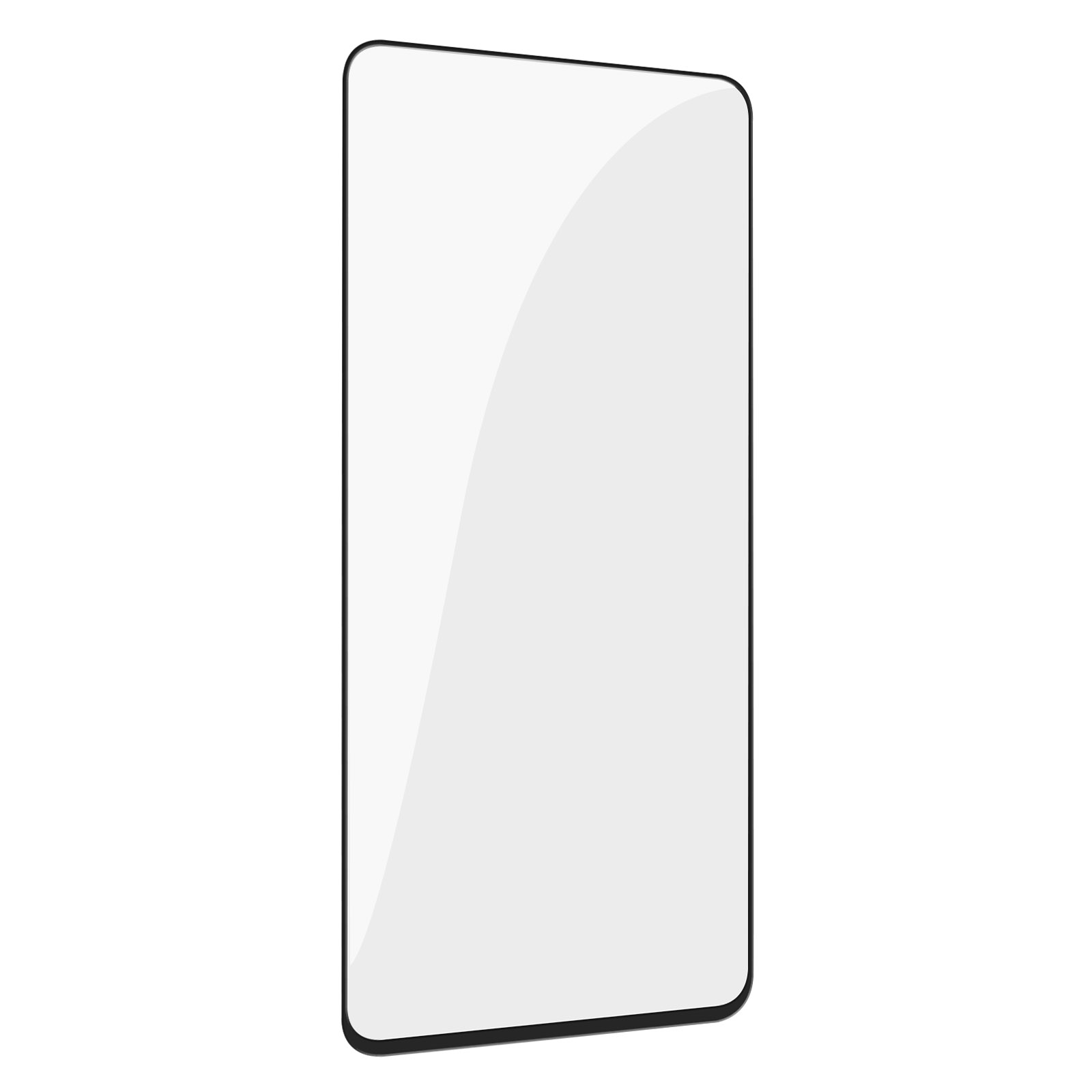 Un proteggi schermo trasparente per un telefono. Cornice nera con display trasparente.