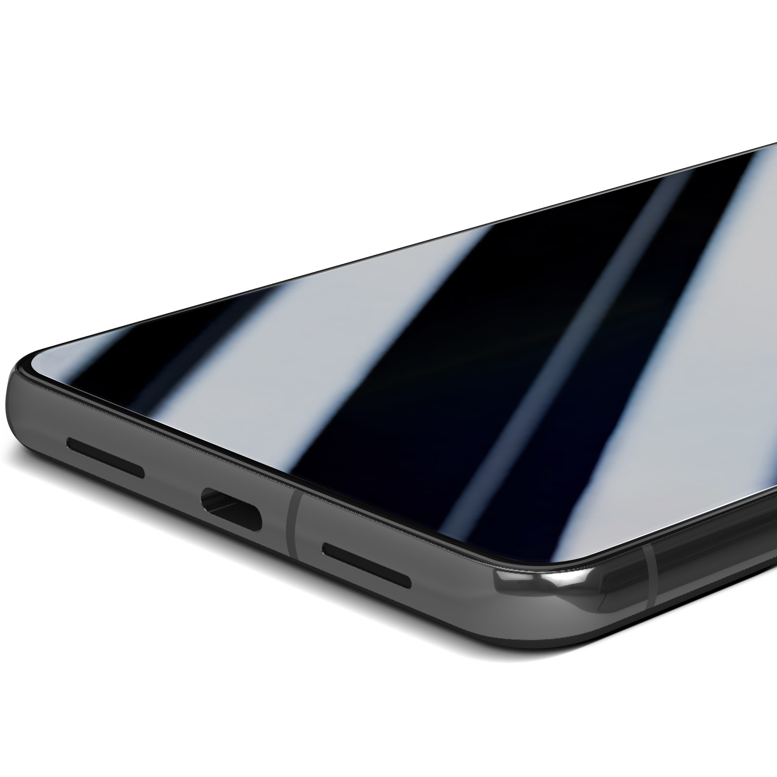 Schermo del telefono con riflesso di luce. Cornice grigia. Primo piano.