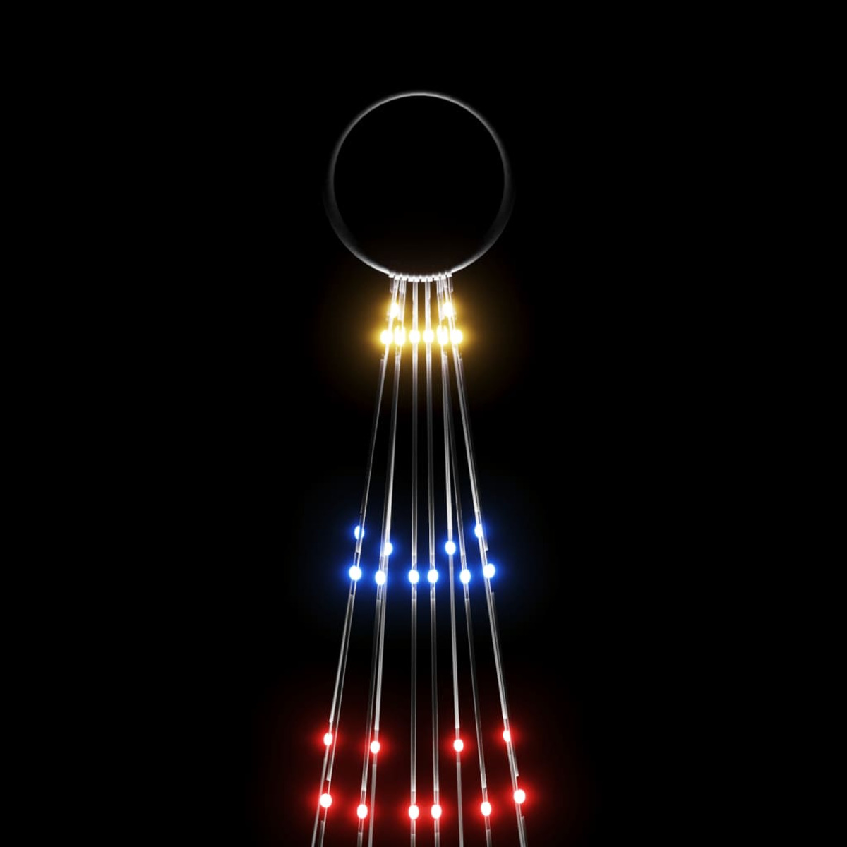 Dekorative Lichter, die von einem Ring hängen, mit gelben, blauen und roten Lichtern auf Schwarz.