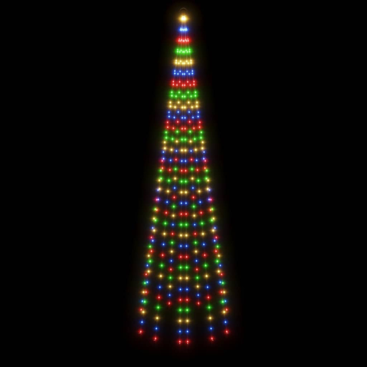 Ein Weihnachtsbaum aus bunten Lichtern vor schwarzem Hintergrund.