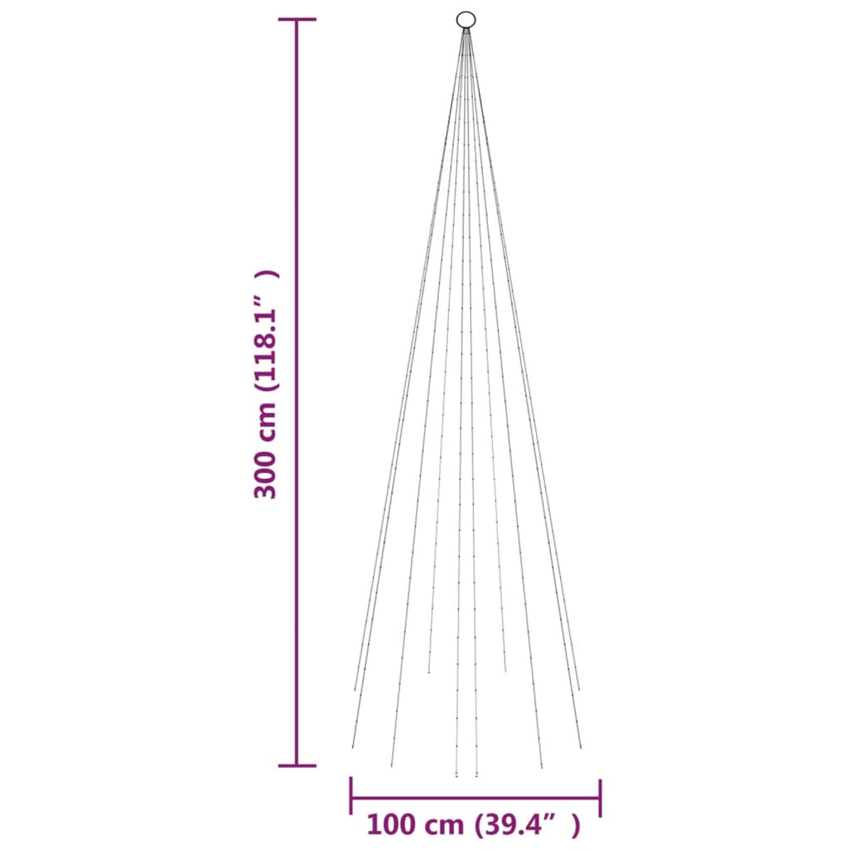 Eine Schnur mit Lichterketten in Kegelform, mit den Maßen 300 cm und 100 cm beschriftet.