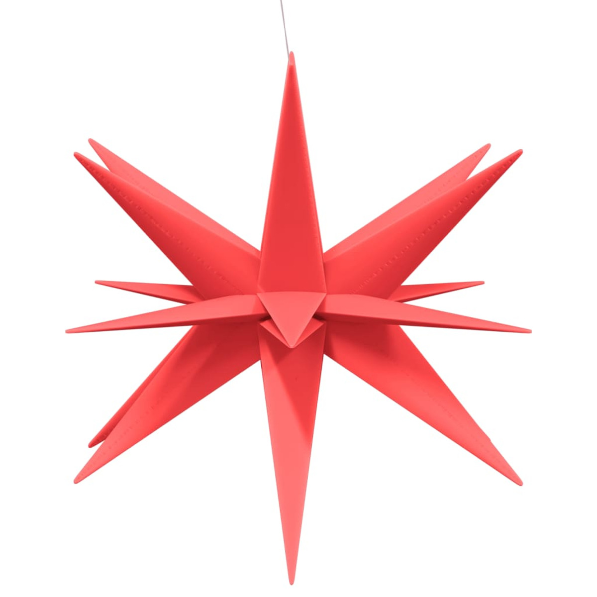 Roter sternförmiger Weihnachtsschmuck vor weißem Hintergrund.