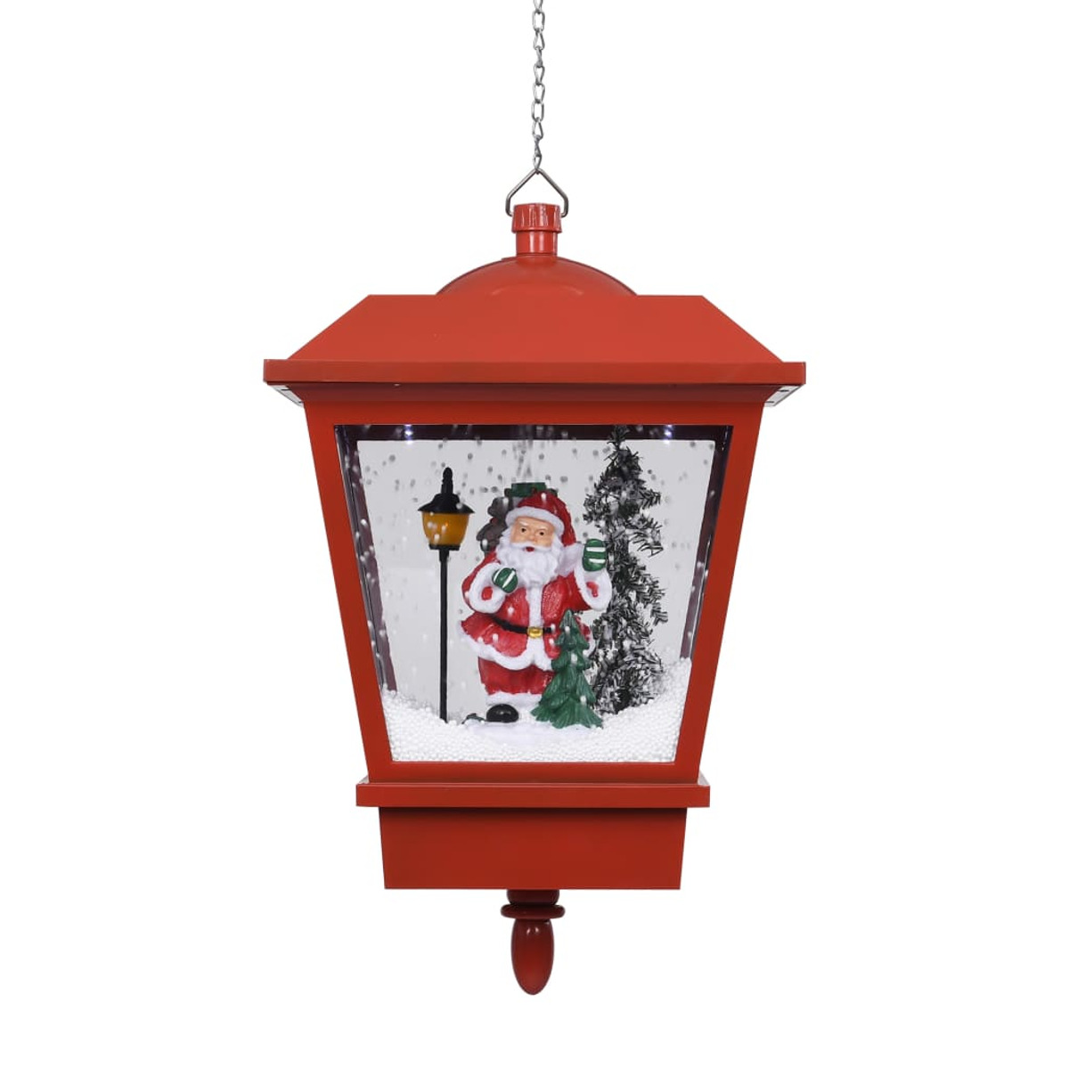 Eine rote Laterne mit einer Weihnachtsmannfigur, einem Weihnachtsbaum und Schnee im Inneren, die an einer Kette hängt.