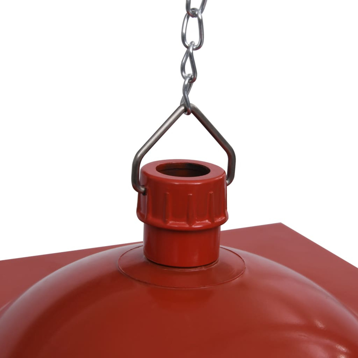 Rote, runde, hängende Außenleuchte mit Kette, von oben hängend.