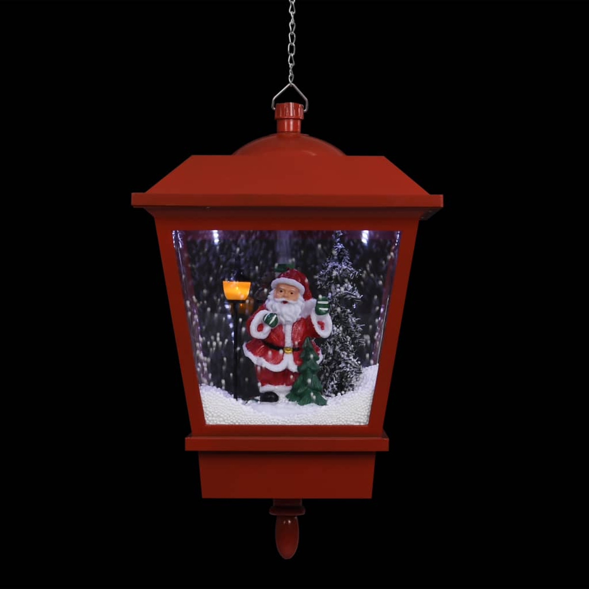 Eine rote Weihnachtslaterne mit Weihnachtsmann in einer Schneekugel-Szene, mit schwarzem Hintergrund.
